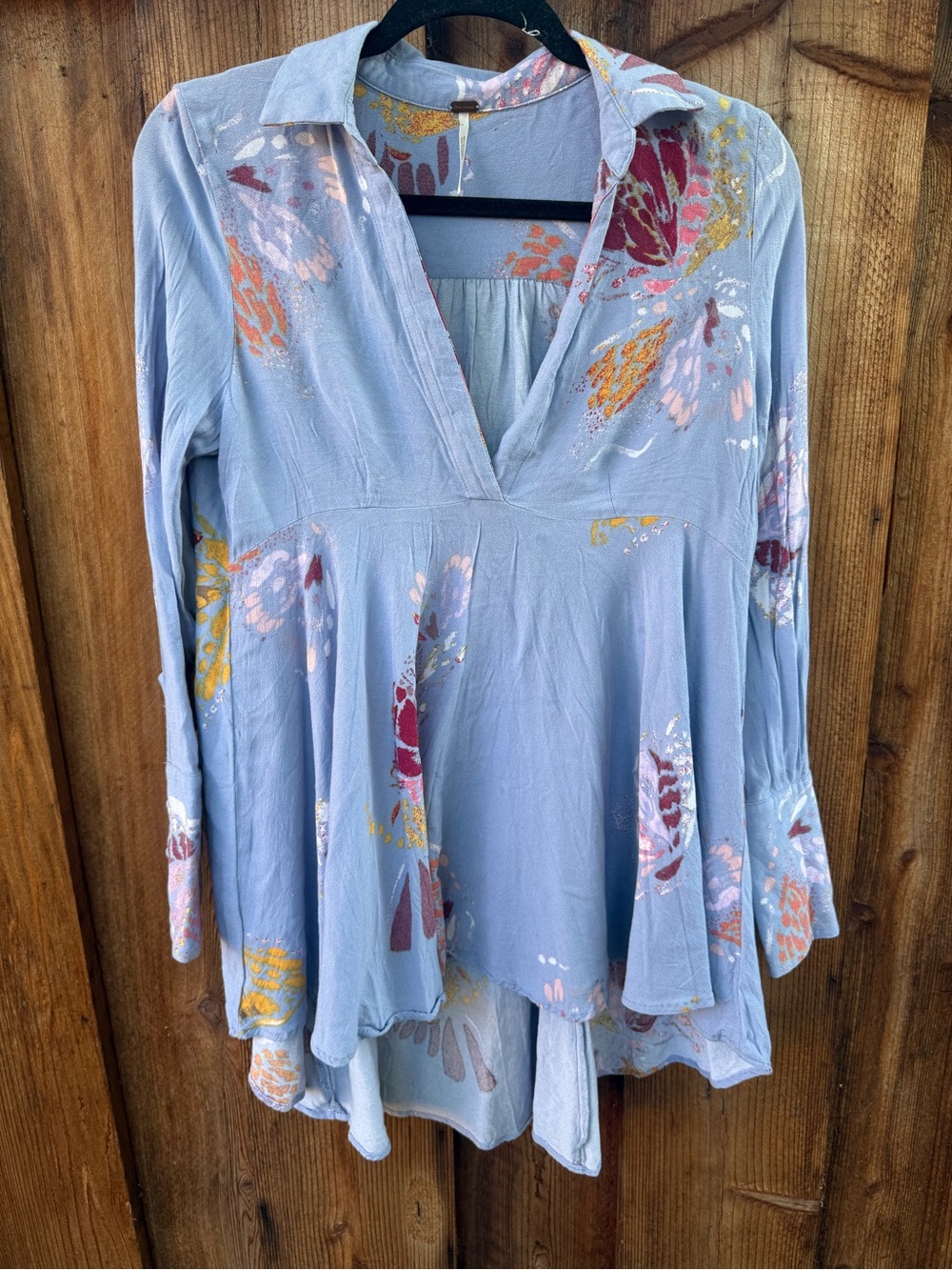 Free People Light Blue Floral V-Neck Peasant Blouse